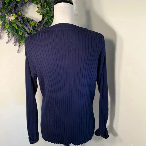 Zara long sleeve crewneck cableknit sweater navy blue, split seam on the sides. - Picture 4 of 8